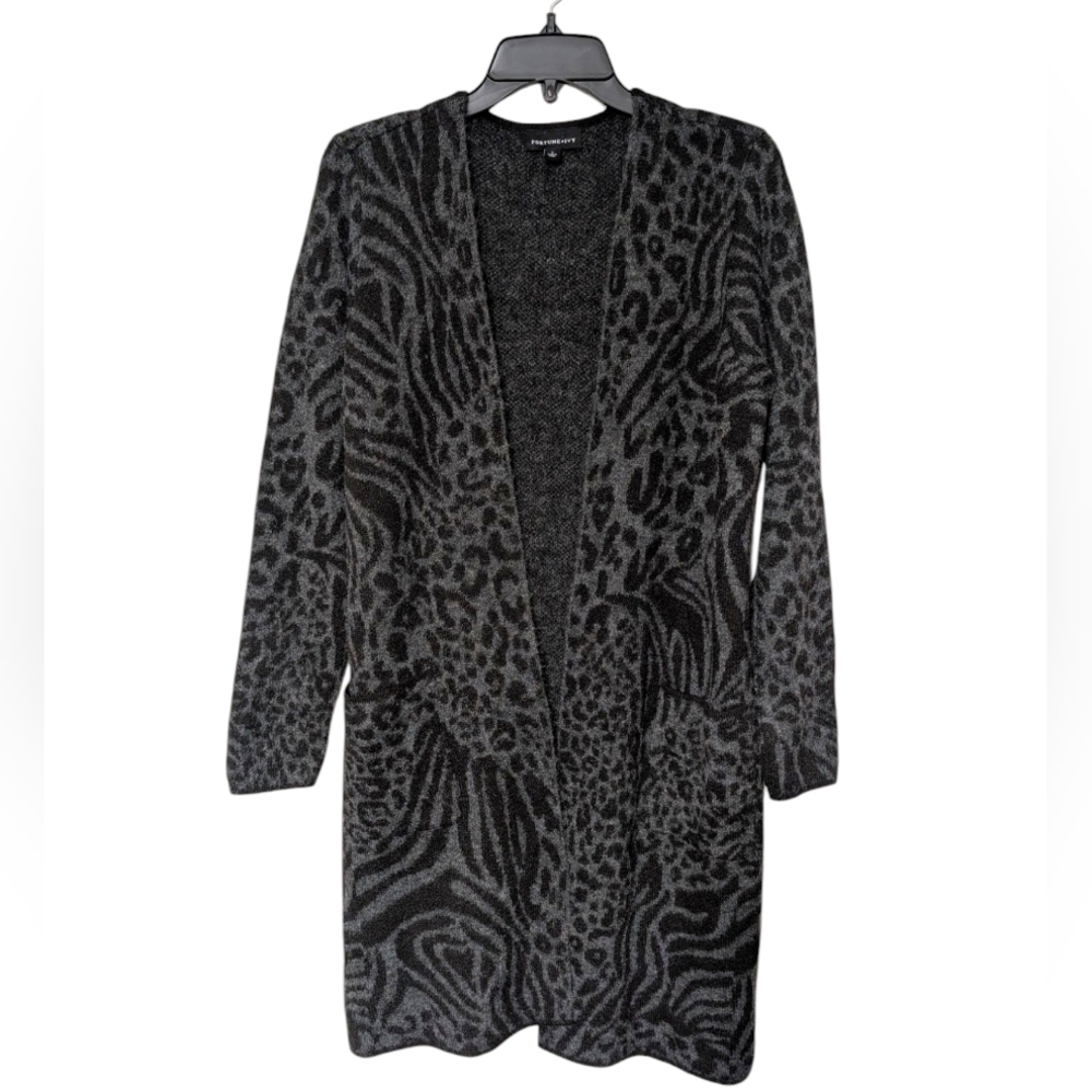 Fortune+Ivy Black And Grey Mix Animal Print Open Front Knit Cardigan Pockets S